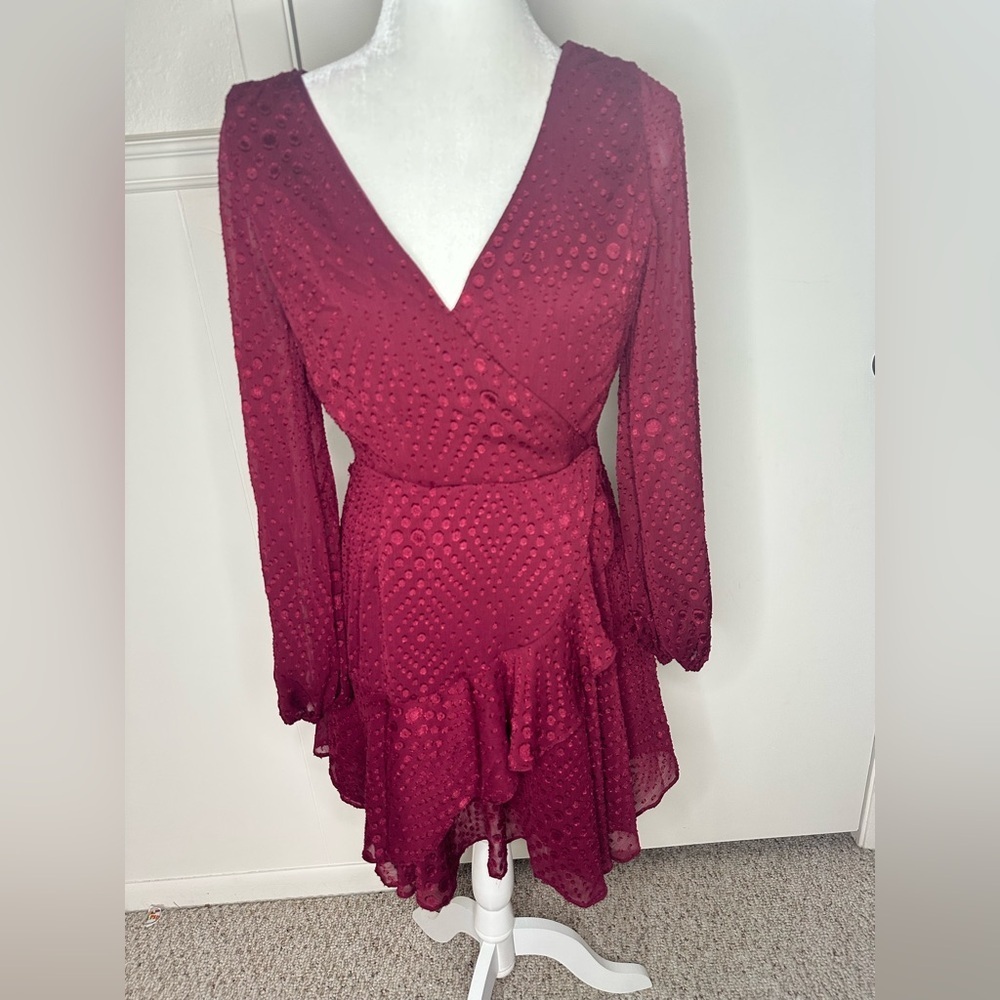 Altar’d State Chic Red Wrap Dress with Ruffled Hem and Bishop Sleeves Size M